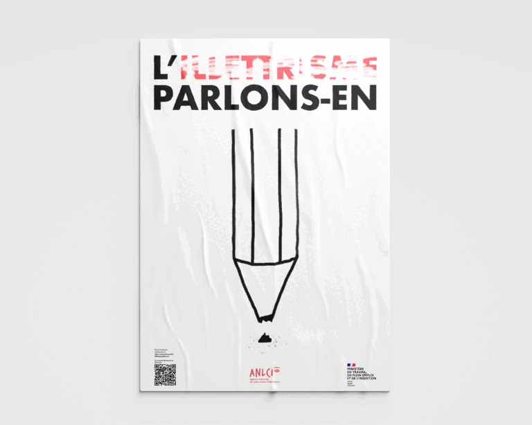 Image cliquable menant à la page de présentation du projet "ANLCI". Affiche de lutte contre l'illettrisme. En haut de l'affiche est écrit sur une première ligne "L'"en noir et "ILLETTRISME" en rouge, légèrement effacé par des traits de gomme. Sur une seconde ligne est écrit "PARLONS-EN" en noir. Ces texte sont centrés et prennent presque toute la largeur du document. En dessous, l'extrémité d'un crayon dont la mine est cassée se trouve à la verticale et descend presque jusqu'en bas de l'affiche. Enfin, tous en bas il y a : au centre le logo de l'ANLCI, à droite le logo du Ministère du travail, et à gauche un QR Code et un lien vers le site de l'ANLCI.