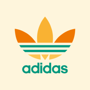 Image cliquable menant à la page de présentation du projet "Adidas x Camino" - Image comportant le logo Adidas Originals colorisé en accord avec le projet, sur fond crème. Le nom de la marque et les deux bandes latérales sont vertes turquoise. La partie basse des trois pétales est jaune légèrement orangé. Pour ce qui est des parties hautes des pétales, la centrale est du même jaune que le bas des pétales tandis que celles aux extrémités sont oranges.