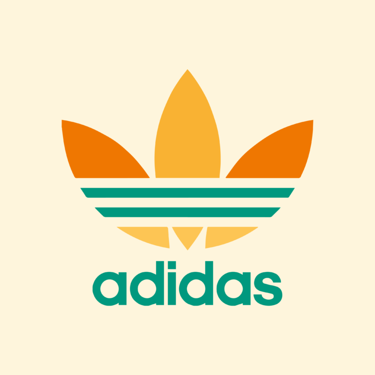 Image cliquable menant à la page de présentation du projet "Adidas x Camino" - Image comportant le logo Adidas Originals colorisé en accord avec le projet, sur fond crème. Le nom de la marque et les deux bandes latérales sont vertes turquoise. La partie basse des trois pétales est jaune légèrement orangé. Pour ce qui est des parties hautes des pétales, la centrale est du même jaune que le bas des pétales tandis que celles aux extrémités sont oranges.